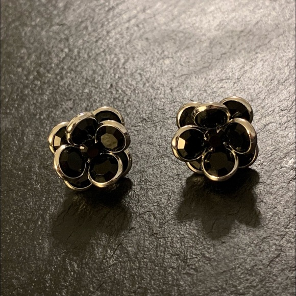 Black Beaded Rose Flower Stud Earrings with Silver Tone Trim - Picture 9 of 9